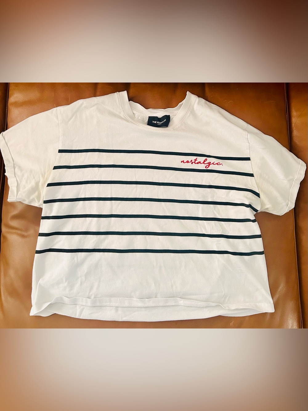 The Kooples White Tee with Black Stripes and Red 'nostalgic' Script
